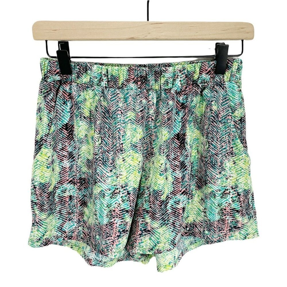 MOD On Trend Green Stripe Print Flowy Casual Shorts Sz M Elastic Pull On Waist‎